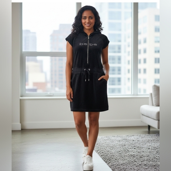 bebe Dresses & Skirts - BEBE Black Velour With Rhinestone Y2K Hooded Dress Size M